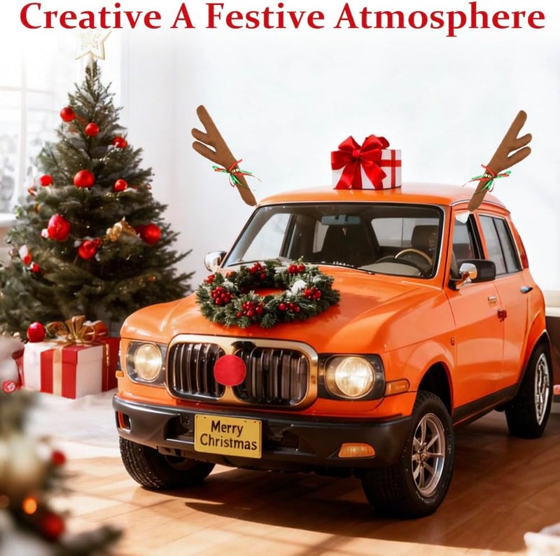 Jaxbo Premium Reindeer Antlers & Nose for Car - Reindeer Car kit with Festive Bells for Christmas - Rudolph Christmas Decorations for Cars, Truck, SUV - Image 2